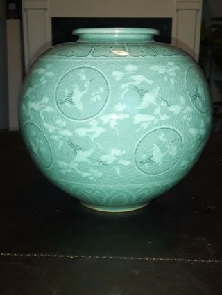 Celadon Crane Green Glazed Ceramic Pottery Korean Vase Signed By Maker 6.  5 X 6.  5