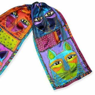 Laurel Burch 100 Pure Silk Scarf Wrap Throw Whiskered Cats Purple Blue Green