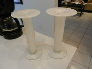 Glass Candlesticks White & Clear Design (2) 8 1/4 " Tall