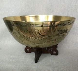 Antique Signed Chinese Engraved Dragon & Phoenix Brass Bowl Carved Wooden Stand