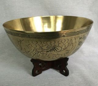 Antique Signed Chinese Engraved Dragon & Phoenix Brass Bowl Carved Wooden Stand 2