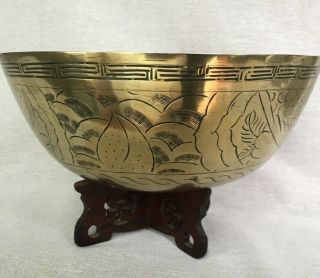 Antique Signed Chinese Engraved Dragon & Phoenix Brass Bowl Carved Wooden Stand 3