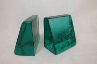 Vintage Blenko Glass Emerald Green Blue Bookends Triangle Wedges Heavy Pair