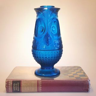 Vtg Viking Art Glass Blue Owl Glimmer Fairy Lamp 2 Pc Candle Holder Blunique Euc
