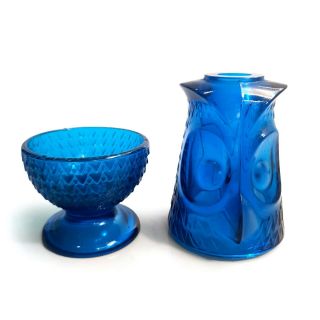 Vtg Viking Art Glass Blue Owl Glimmer Fairy Lamp 2 pc candle holder Blunique EUC 2