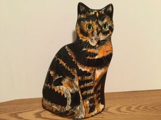 Cats By Nina Lyman Ceramic Cat Vase 11 1/2” Calico Tabby Green Eyes