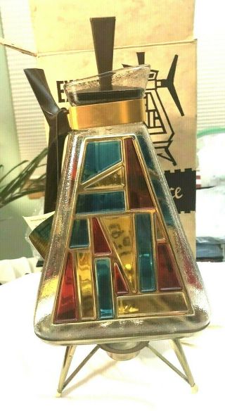 Rare Mid - Century Modern Vintage Vivid Stained Glass Look Carafe & Warmer