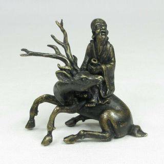 D693: Rare Japanese Old Copper Incense Stick Holder Of Statue Of Deer W/jurojin