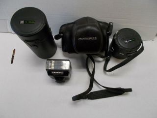 Vintage Olympus Om - 1 Md Camera W/3 Lenses And Flash -