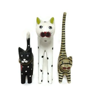 Set Of 3 Wooden Folk Art Polka Dot Stripe Kitten Cat Statues Figurines Kitty
