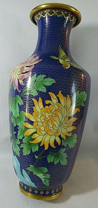 Vintage Chinese Cloisonné Vase With Peonies And A Bird In Royal Blue