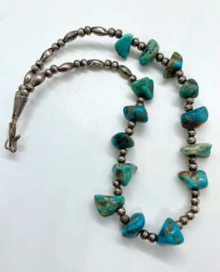 Vintage Navajo Pearl Sterling Silver Natural Turquoise Nugget Beaded Necklace