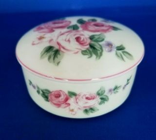 Vintage Round Ceramic Bisque Porcelain Trinket Jewelry Box With Roses Takahashi