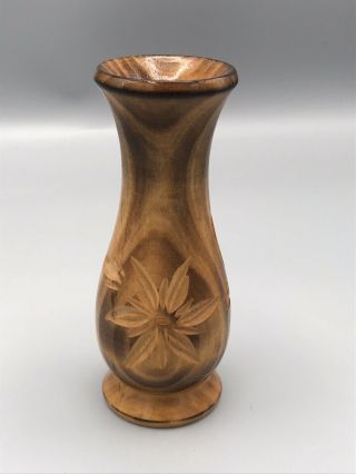 Vintage Miniature Wood Bud Vase W/ Carved Floral Pattern