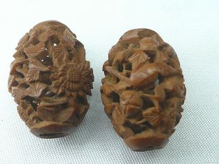 2 Finely Carved Pierced Antique Chinese Hediao Carved Nut Peach Pit Beads