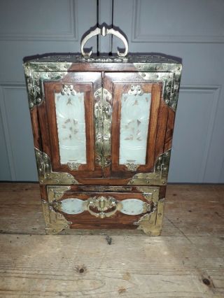 Vintage Chinese Wood Brass & Soapstone (silk Lined) Jewelry Box