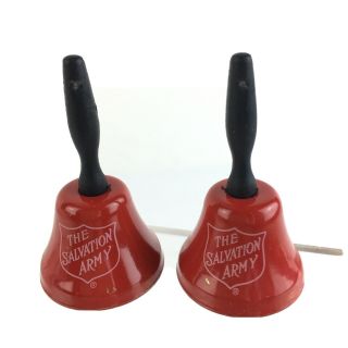 2 Vintage Salvation Army Miniature Hand Bells Metal Red Rings 1 1/4 " Tall