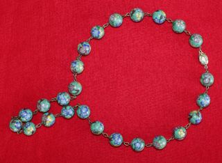 Vintage Chinese Silver Green Multi - Color Floral Cloisonne 14mm Bead 23 " Necklace