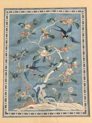 Antique Older Chinese Hand Embroidered Silk Panel Frame Birds Tree O Life Floral