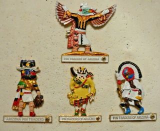Lions Club Pins - 4 Large 3 - D Kachina Dolls From Arizona