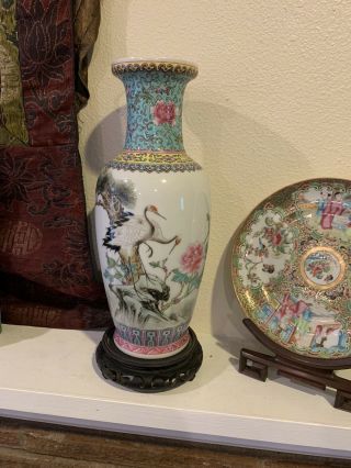 Antique Qianlong Marked Chinese Porcelain Vase - Cranes And Flowers
