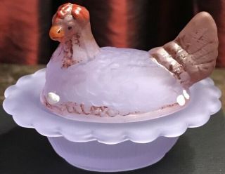 Mosser Glass Hand Painted Alexandrite Satin Hen On Nest Salt Dish Made In Ohio