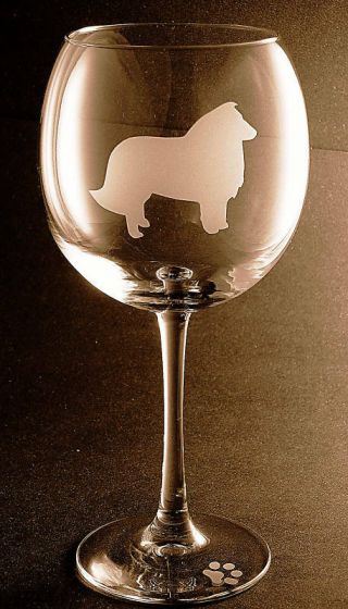 Etched Sheltie /shetland Sheepdog On Large Wine Glasses - Set Of 2
