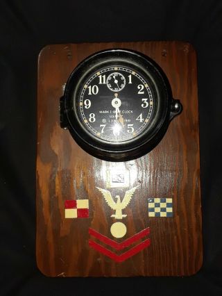 Vintage U.  S.  Navy Wwii,  1941,  Mark I Boat Clock,  Mounted On Wood Plaque,  No Key