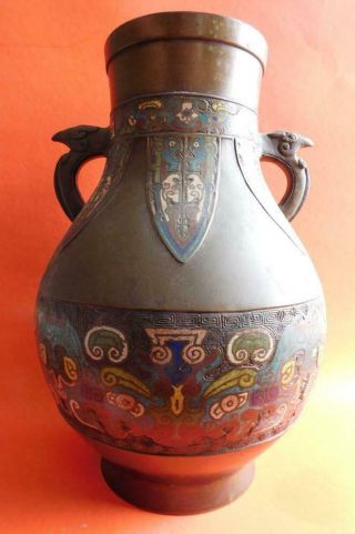 Lge Antique Chinese Bronze Urn Vase Champlevé Enamel Archaic Style 1900s