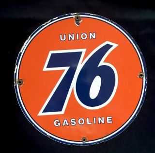 Vintage 1950’s Union 76 Gasoline 12” Porcelain Sign Car Auto Truck Road Gas Oil