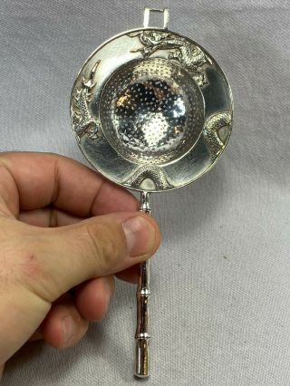 Antique Chinese Export Silver Dragon Tea Strainer Bamboo Form Handle By Sing Fat