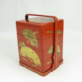 D669: Japanese Old Smallish Tier Of Lacquered Boxes Jubako With Good Fan Makie