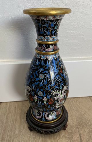 Vintage Antique Asian Chinese Cloisonné Enamel & Brass Vase 8.  25” W/ Wood Stand