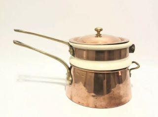 Vintage Waldow Copper Double Boiler With Brass Handles Porcelain Insert Cookware