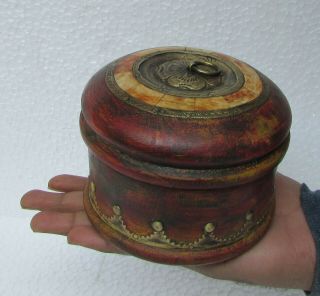 Vintage Old Hand Carved Unique Shape Brass Work Wooden Kum Kum Tikka Powder Box