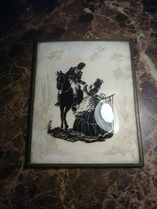 Vintage Silhouette Picture 5 " X 4 " Convex Glass With Metal Frame Man Woman Horse