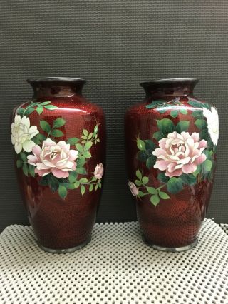 2 Vintage Japanese Ginbari Red Pigeon Blood Cloisonne Enamel Ando Flower Vases