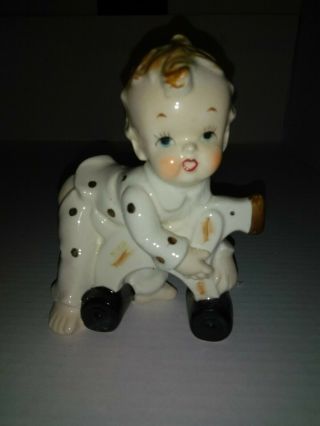 Vintage Ceramic Baby Figurine By Orion Bare Butt 1950s Rolling Toy Pony Adorable