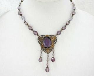 Vintage Purple Amethyst Faceted Czech Art Deco Art Glass Brass Filigree Necklace