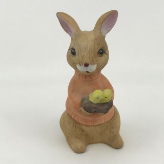 Porcelain Brown Easter Bunny Rabbit With Baby Chicks In Basket 3.  25 " Figurine