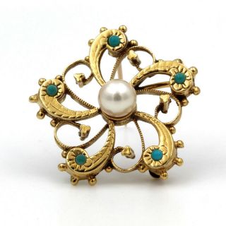 Vintage 14k Gold Pearl & Turquoise Cabochon Open Flower Design Pendant 956b - 10