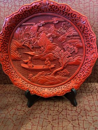 9.  5 " Vintage/antique Chinese Carved Cinnabar Lacquer Plate Romantic Boat Scene