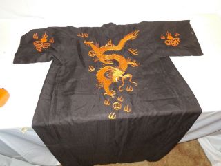 Vintage 100 Silk Black Chinese Robe With Embroidered Orange Dragons Big Eyes