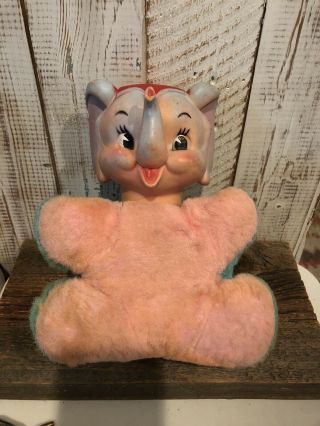 Vintage My Toy Rubber Face Circus Elephant Plush Toy 1950s Rushton Pink Teal 2