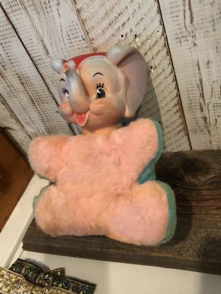 Vintage My Toy Rubber Face Circus Elephant Plush Toy 1950s Rushton Pink Teal 3