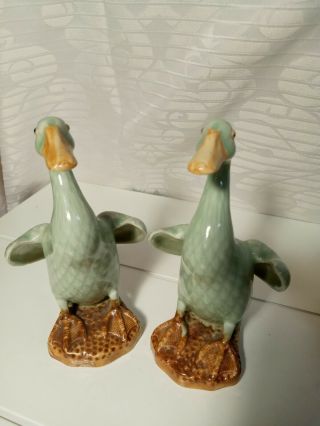 Vtg Pair - White Chinese Porcelain Celadon Duck Goose Bird Figurines Ships