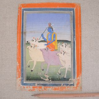 Antique Indian Miniature Painting Krishna & Holy Cows 18th 19th C Ragamala Vtg