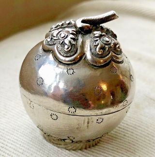 Antique Silver Lime Fruit Betel Nut Box Cambodian Hand Repousse Art Pill Snuff