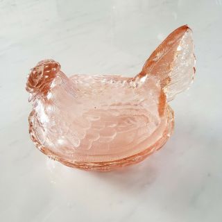 Vintage Pink Glass Chicken Hen Nest Covered Candy Dish