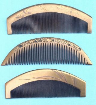 H3044 Antique Japanese Gold Lacquer Traditional Hair Combs (3)
